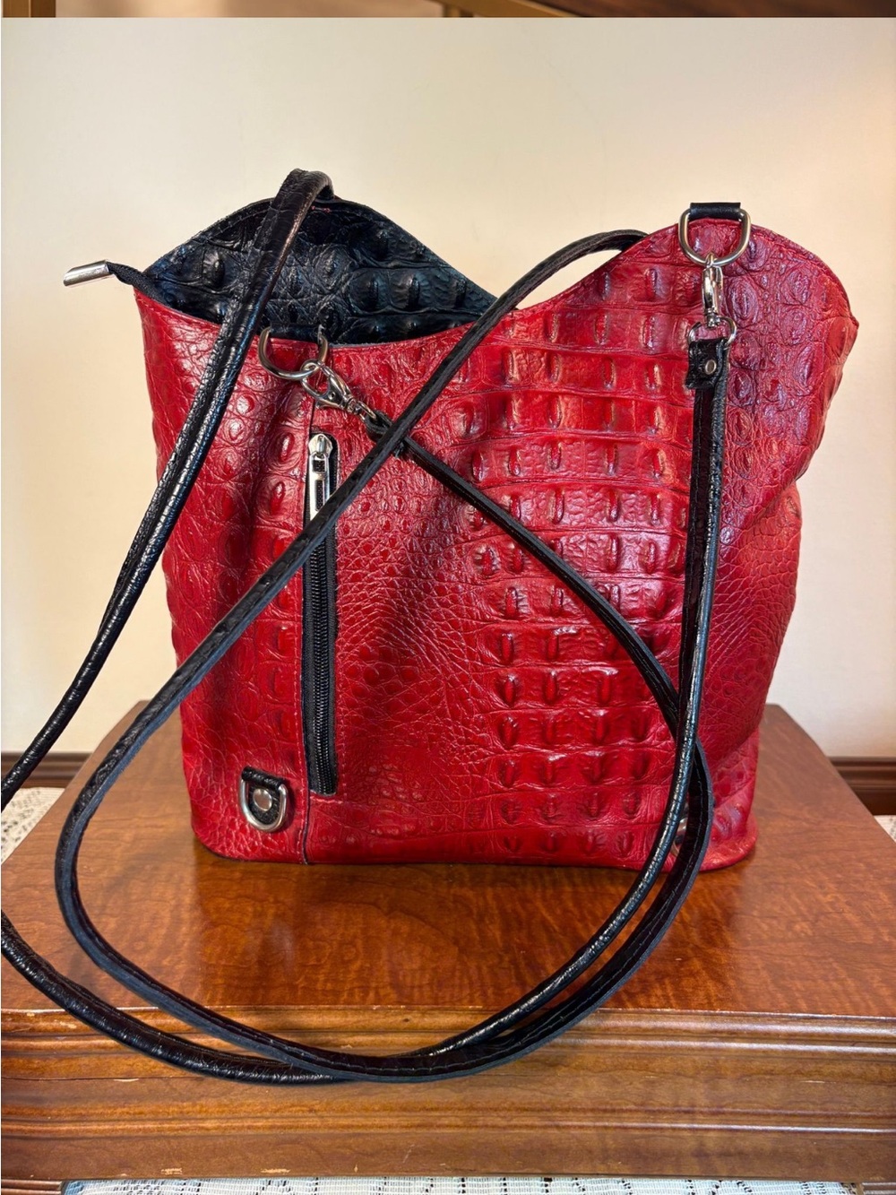 Red Croc-Embossed Convertible Shoulder Bag